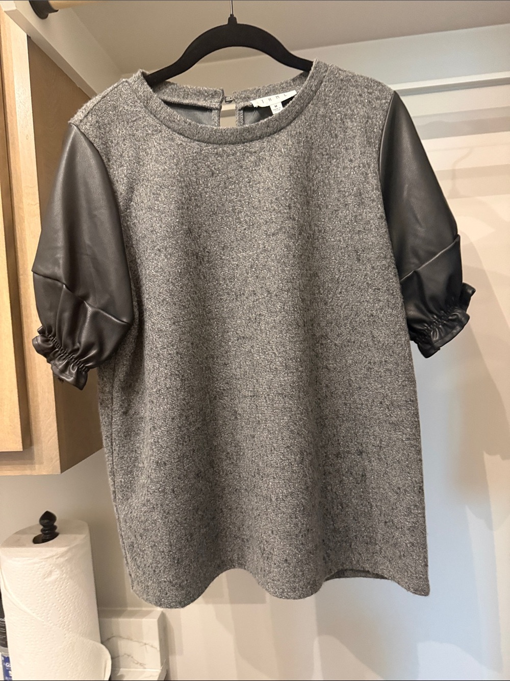 THML Gray Mixed-Media Short Sleeve Sweatshirt with Black Faux Leather Sleeves